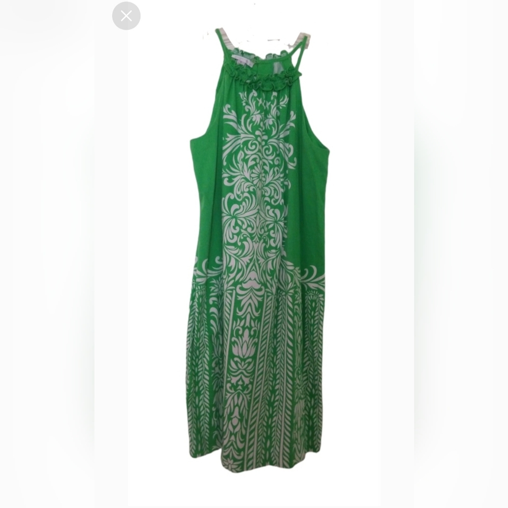 London Times Green & White Cotton Print Dress; Size 6